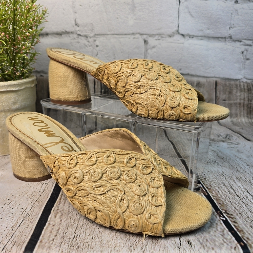 Sam Edelman Natural Tan Raffia Braided Block Heel Mules